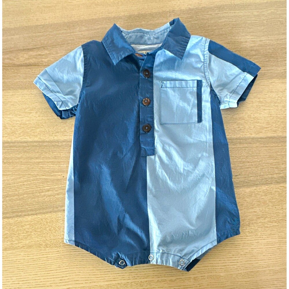 Blue Rooster Boys 12-18 Months Blue Colorblock Collared Cotton Romper